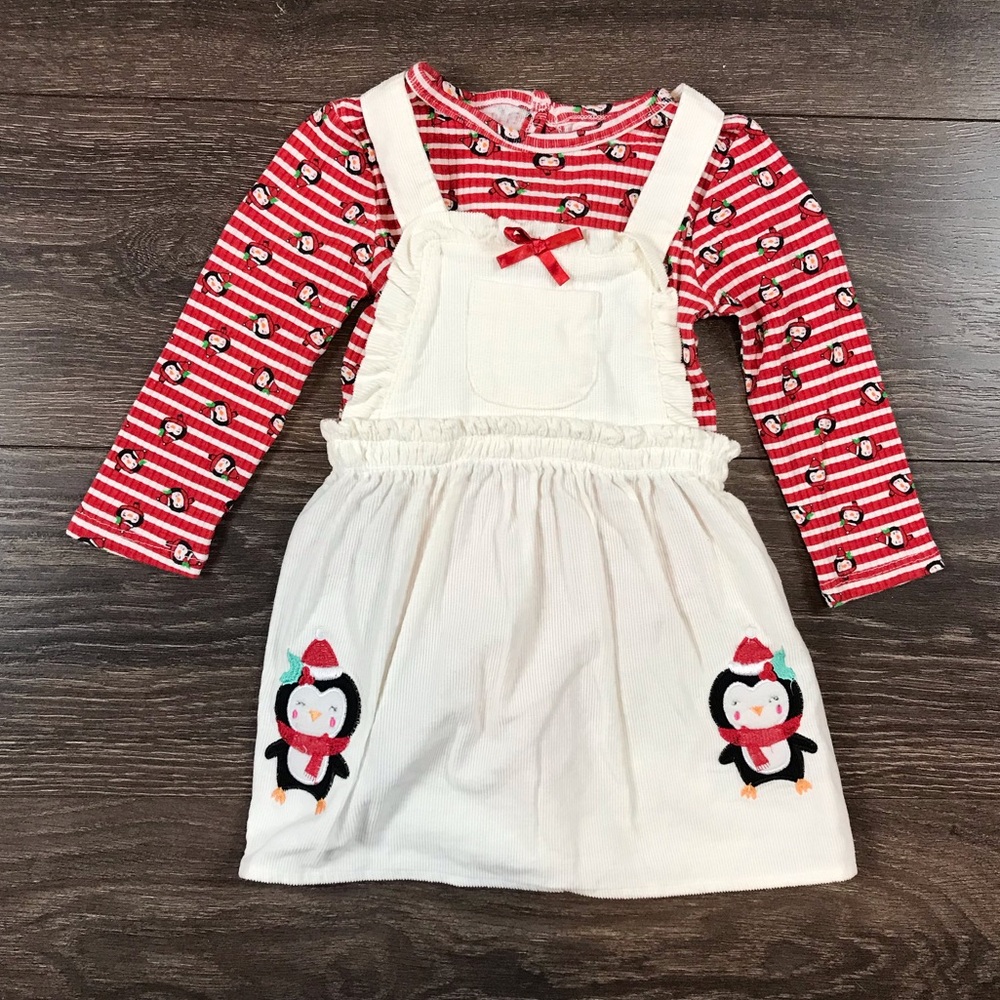 Young Hearts Little Girls Holiday Penguin Christmas Corduroy Overalls Dress 18M